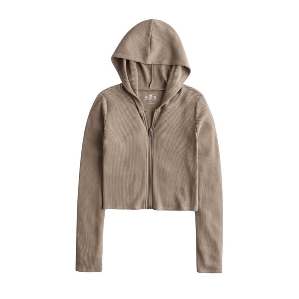 Hollister Womens Size Small Brown Waffle Knit Zip Up Hoodie Loungewear Cozycore